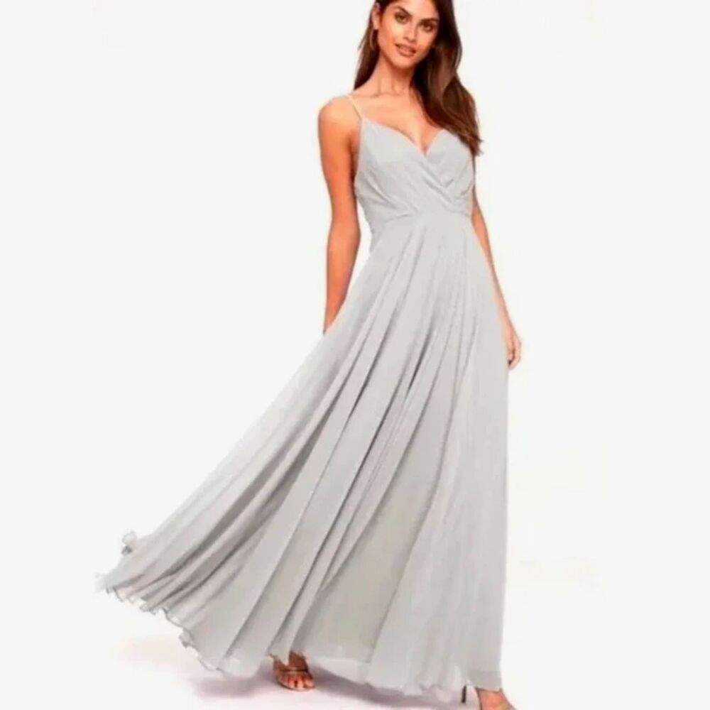 Lulus All About Love Maxi Dress Gray XS V‑Neck Formal Bridesmaid Flowy